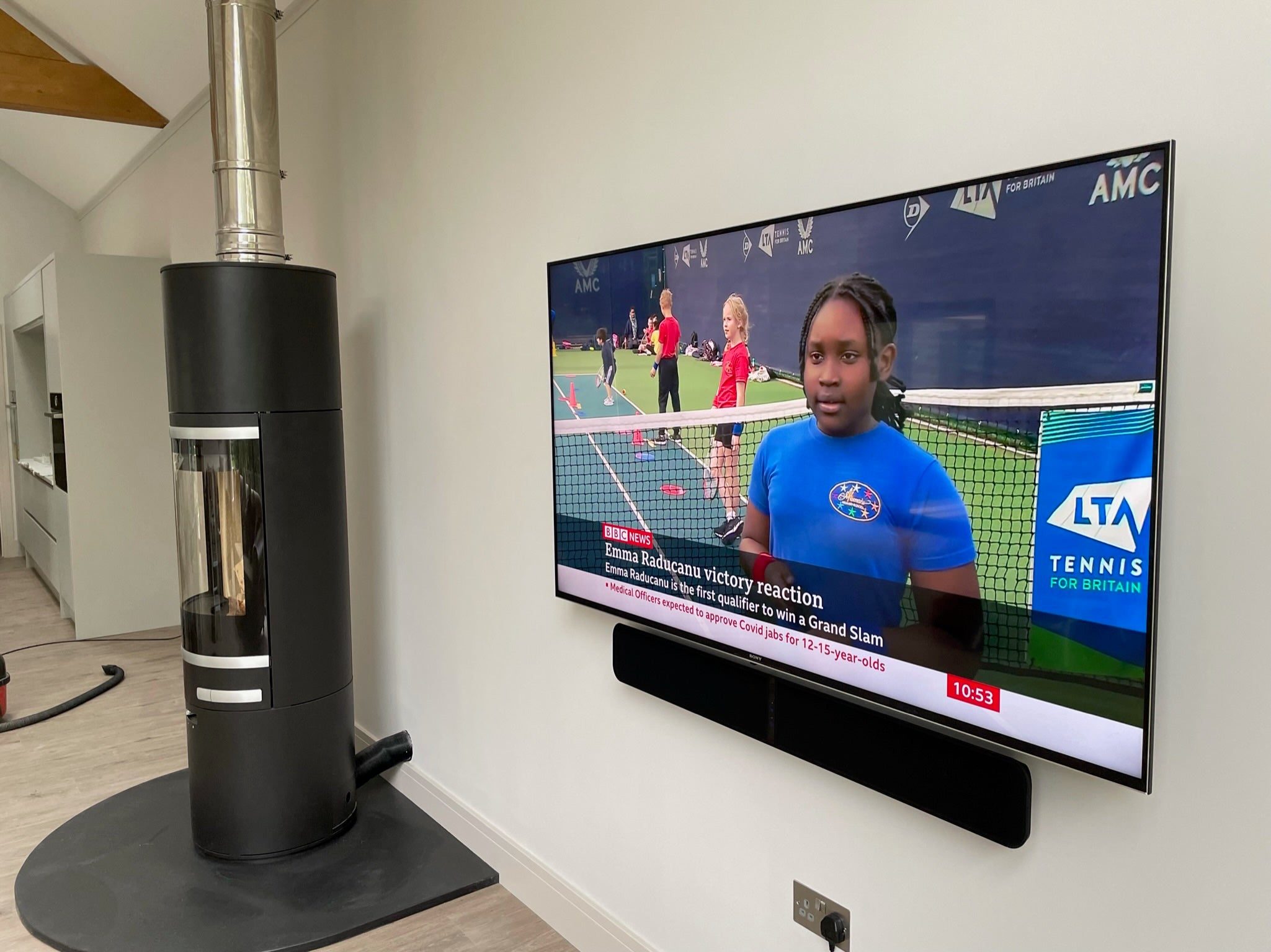 Professional TV wall mounting and soundbar mounting on a media wall at Emotive AV Cornwall