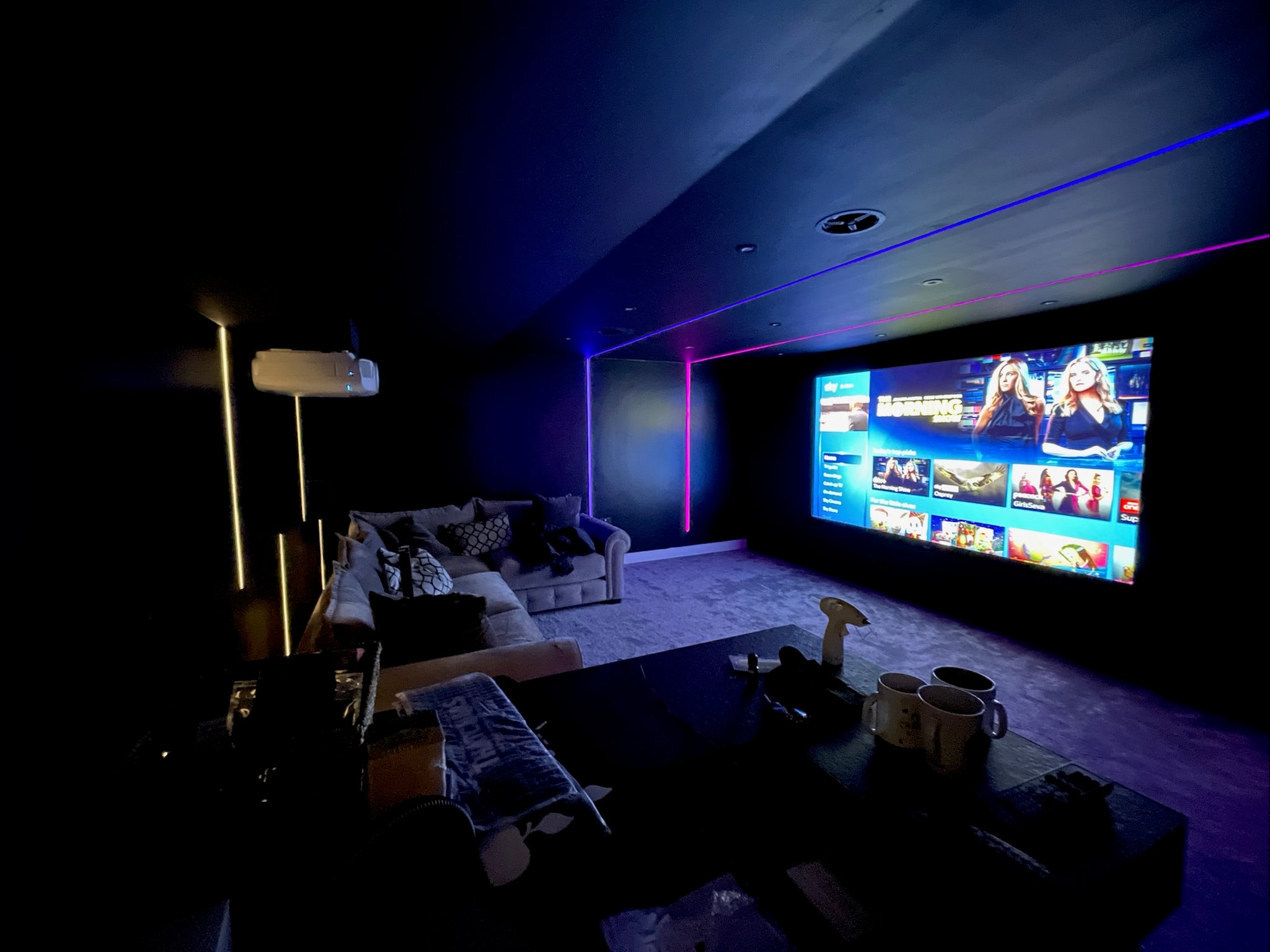 Cinema Room Installation with led mood lighting and 4k projector installation at Emotive AV Cornwall