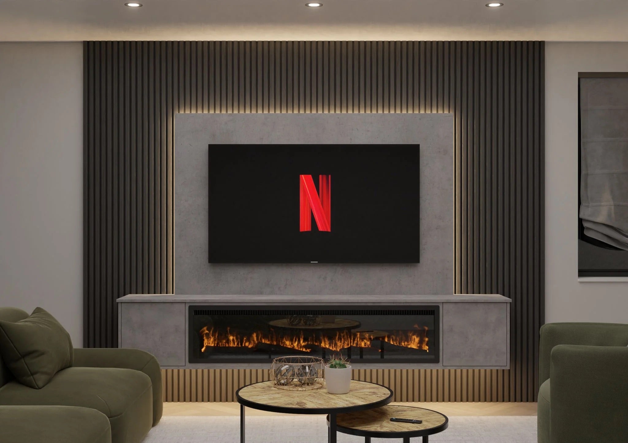 Bespoke Feature Media Wall installation with floating tv unit and recessed fire at Emotive AV Cornwall