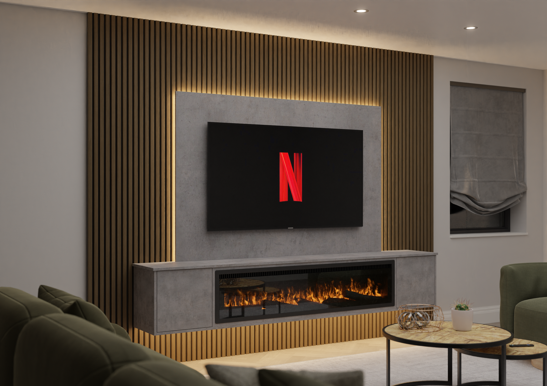 Floating TV Unit for Media Wall with acoustic slat panel at Emotive AV Cornwall